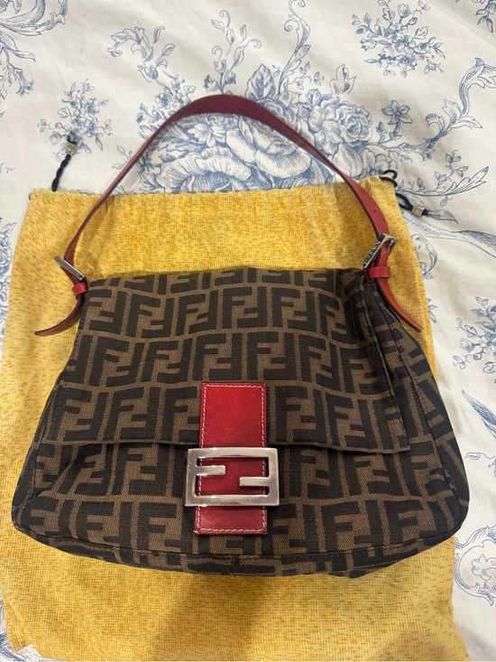 Fendi Handbags - Authentic Fendi FF Monogram Canvas Shoulder Bag – Brown & Red Leather